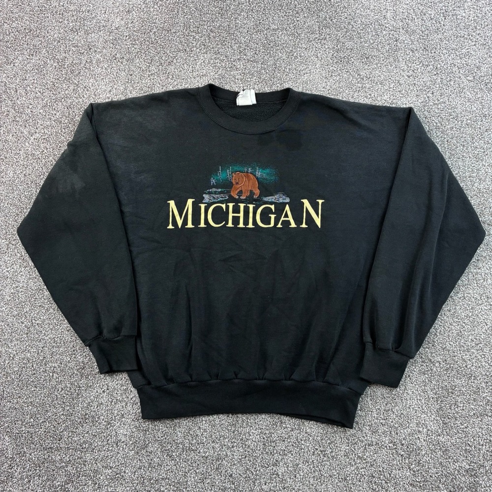 Vintage Michigan Brown Bear Sweatshirt Mens XL Black Cotton Embroidered USA Made